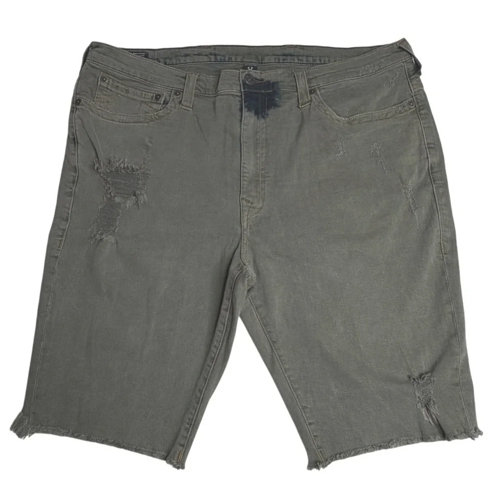 True Religion Ricky Relaxed Straight Cutoff Denim Shorts Olive Mens 42